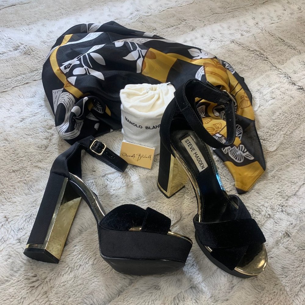 Steve Madden 7.5 black/gold platform sandal